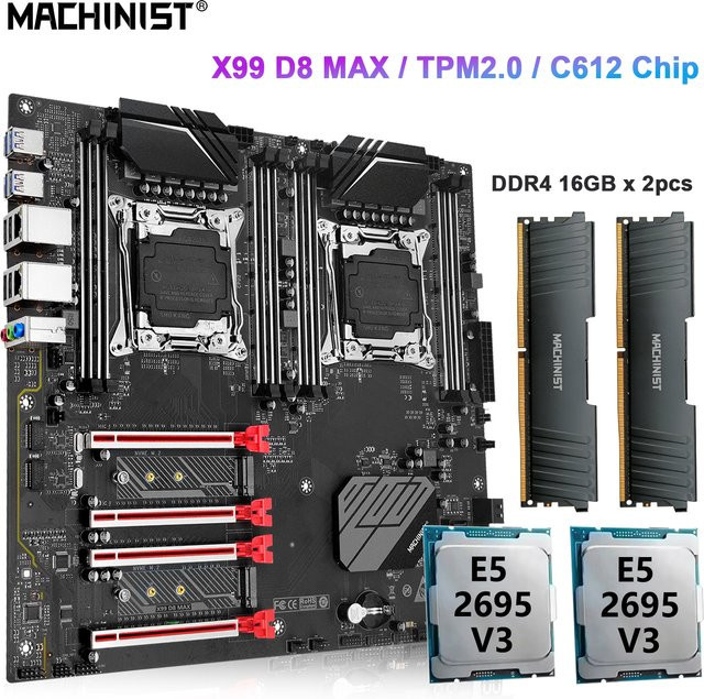 MACHINIST D8 MAX X99 Dual-CPU-Gaming-Motherboard mit 2x Intel Xeon E5 2695 V3, 32GB DDR4 RAM, LGA2011-3, M.2 NVME und TPM2.0 Schnittstelle, Schwarz - Bild 1
