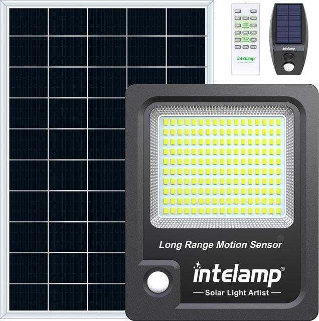 Intelamp Solar-Flutlicht in Schwarz mit zwei Bewegungssensoren und 12000 mAh Akku für Garten und Veranda - Bild 1
