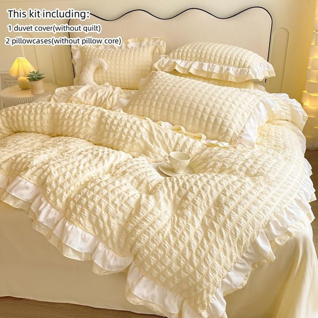 3-teiliges koreanisches Seersucker-Bettwäscheset mit Spitze von Bin Chi Textiles in Gelb, B/H: 135 x 200 cm - Bild 1