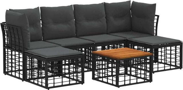vidaXL Outdoor-Sofagarnitur aus Polyrattan in L-Form mit 7 Teilen, Schwarz und Grau, inklusive Kissen und Couchtisch - Bild 1