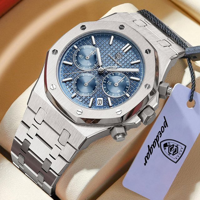 POEDAGAR Armbanduhr Chronograph, Edelstahl, Quarz, silber/blau, Herren - Bild 1