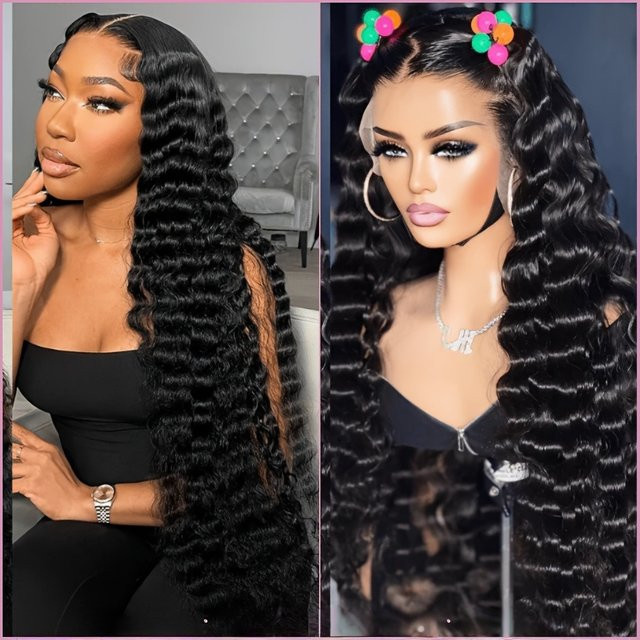 FIUMER Deep Wave Lace Front Perücke, Echthaar, Brasilianische Locken, Unisex - Bild 1