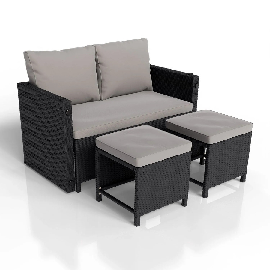 Juskys 2in1 Polyrattan Relax Gartenmöbel Set Jamaika Lounge für Balkon und Outdoor in Schwarz und Grau - Bild 2