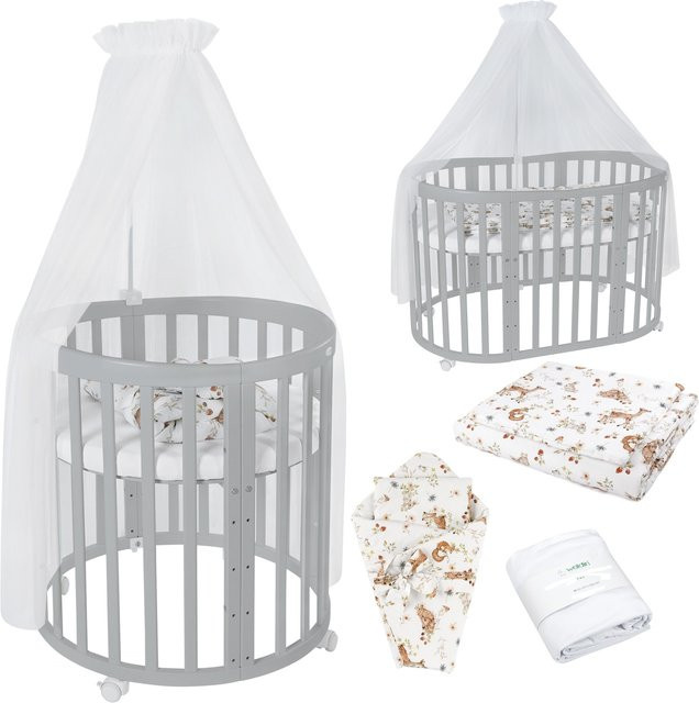 Waldin Babybett OWAL 7in1 Kinderbett aus Buchenholz mit Matratze, mitwachsendes Kinderbett, lackiert - Bild 1