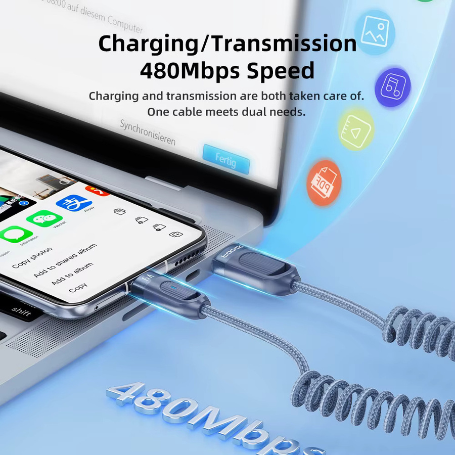 Toocki USB-C Schnellladekabel 6A mit Teleskop-Federfunktion in Blau für Samsung S23, Xiaomi 12 und Redmi - Bild 4