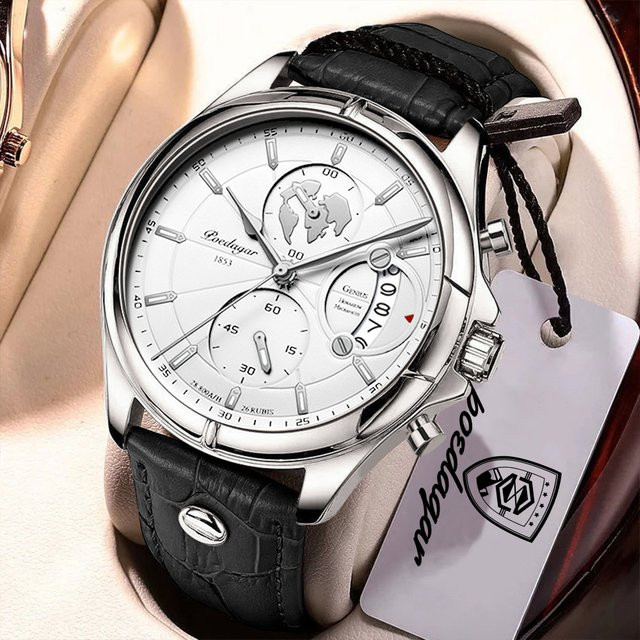 POEDAGAR Chronograph Herrenarmbanduhr, Quarz, Leder, Silber, Weiß - Bild 1