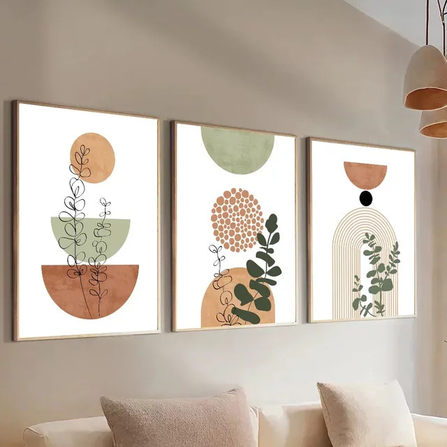 3er-Set Potdemiel Wanddeko mit abstrakten botanischen Motiven im Boho-Stil, geometrische Pflanzendrucke in Mehrfarbig - Bild 1