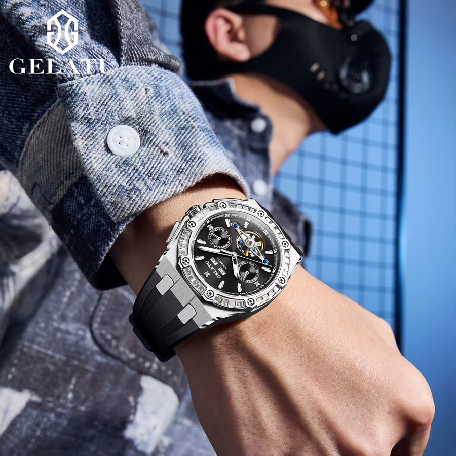 GELATU Armbanduhr, Automatik, Diamantbesetzt, Mondphase, Silikon, Herren - Bild 5