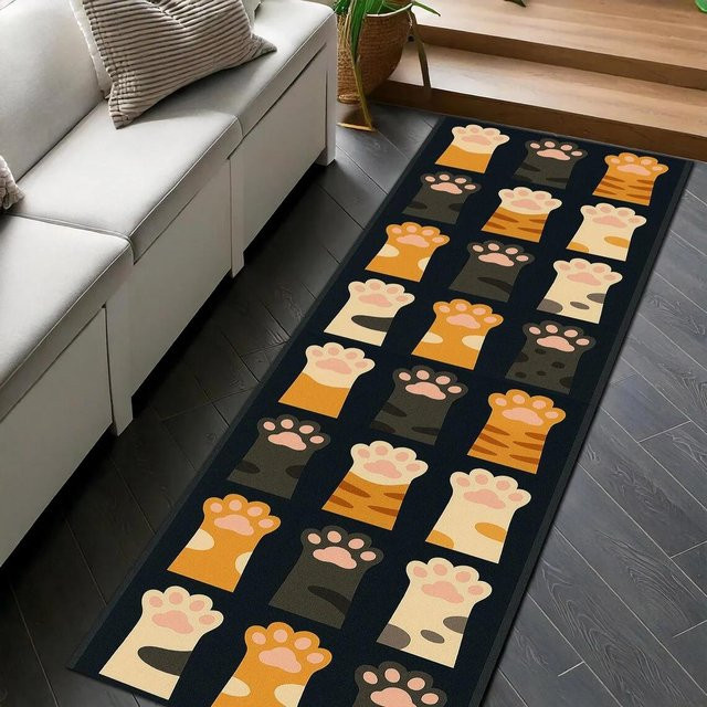 Moderner Läuferteppich mit Katzenpfotenabdruck von Lodestar, rutschfest und waschbar, Mehrfarbig, B/T: 50 x 150 cm - Bild 1