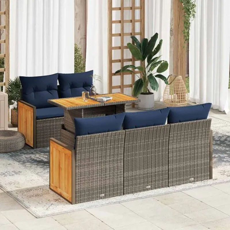 6-teilige Garten-Sofagarnitur aus Poly-Rattan und Akazie mit Kissen in Grau von vidaxl - Bild 1