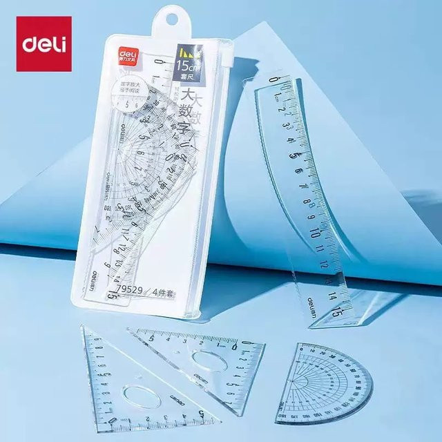 DELI Transparentes Geometrie-Set aus Kunststoff, 4-teilig, Mathe-Zeichenwerkzeuge für die Schule mit Lineal, Winkelmesser und Dreieck - Bild 1