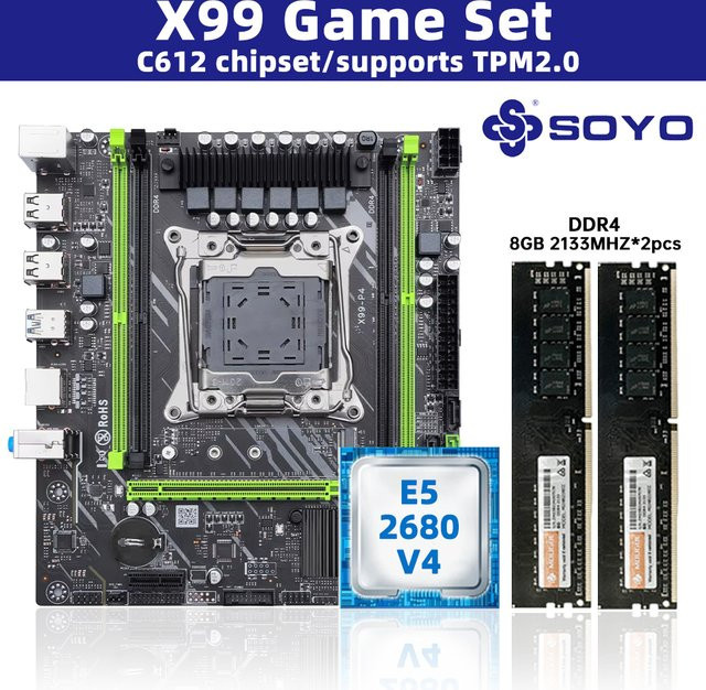 SOYO White X99 Motherboard Kit mit E5-2680 V4 CPU, 16GB DDR4 RAM und C612 Chipsatz, LGA2011-3, M.2 NVMe, Farbe: Weiß/Schwarz - Bild 1