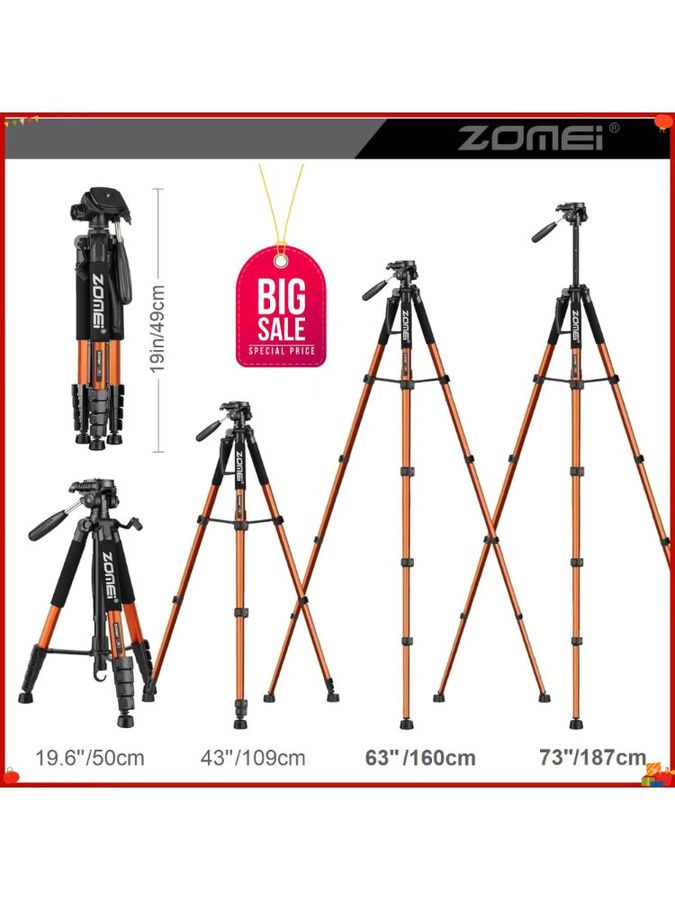 Zomei Kamerastativ aus Aluminiumlegierung mit 360 Grad Panoramafunktion für DSLR, Canon, Nikon und Smartphone, Höhe: 187 cm, Farben: Schwarz oder Blau - Bild 1