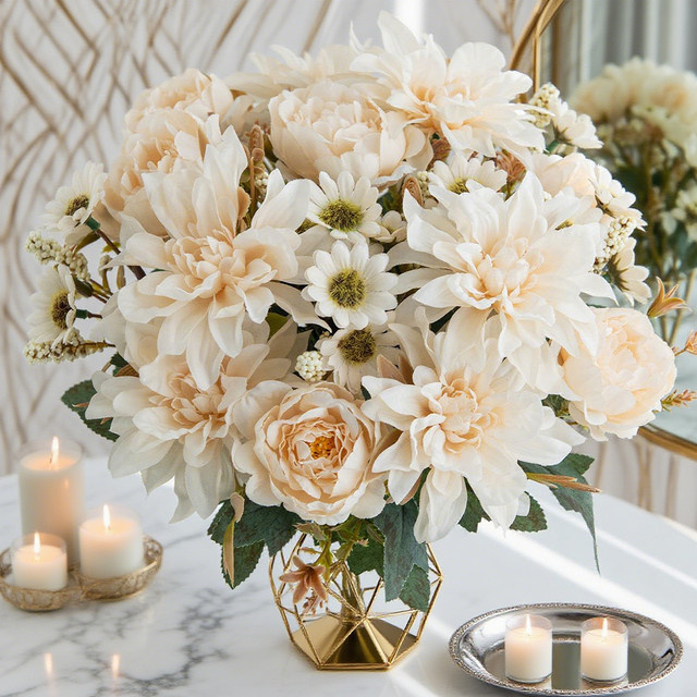 Künstliche Blumen aus Seide in Weiß für deine Dekoration als Dahlien, Rosen und Gänseblümchen für Hochzeiten, Partys oder als DIY-Geschenkbox - Bild 1