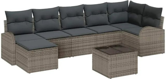 vidaXL Garten-Sofa-Set aus Polyrattan in Grau, 8-teiliges L-Shape Lounge-Set mit Kissen, Ottoman und Couchtisch, wetterfest und UV-beständig - Bild 1