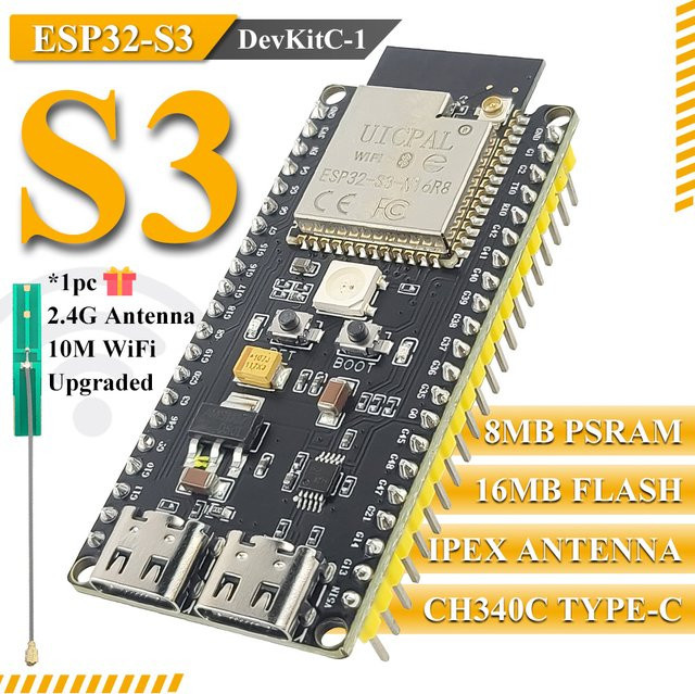 ESP32-S3-DevKitC-1 Entwicklungsboard mit 16 MB Flash, 8 MB PSRAM, WiFi, Bluetooth und USB-C Anschluss in Schwarz - Bild 1