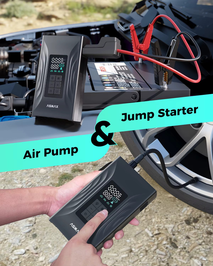 ASMAX T20 3000A Tragbarer Auto-Starthilfe-Kompressor und Reifenfüller mit 150PSI, Notstromversorgung für 12V Autos, USB-C-Ladung, Schwarz - Bild 2