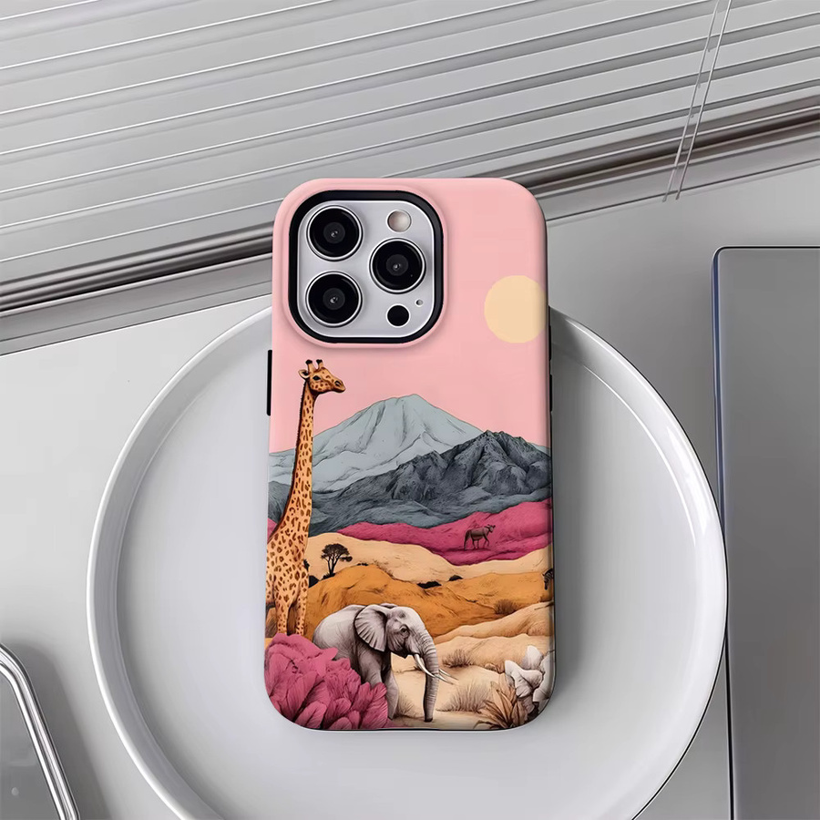 Handyhülle mit pastellfarbener Safari-Szene für iPhone 17 16 15 14 13 12 11 Pro Max Plus von Potdemiel in Multicolour mit doppelschichtiger Rückseite - Bild 4