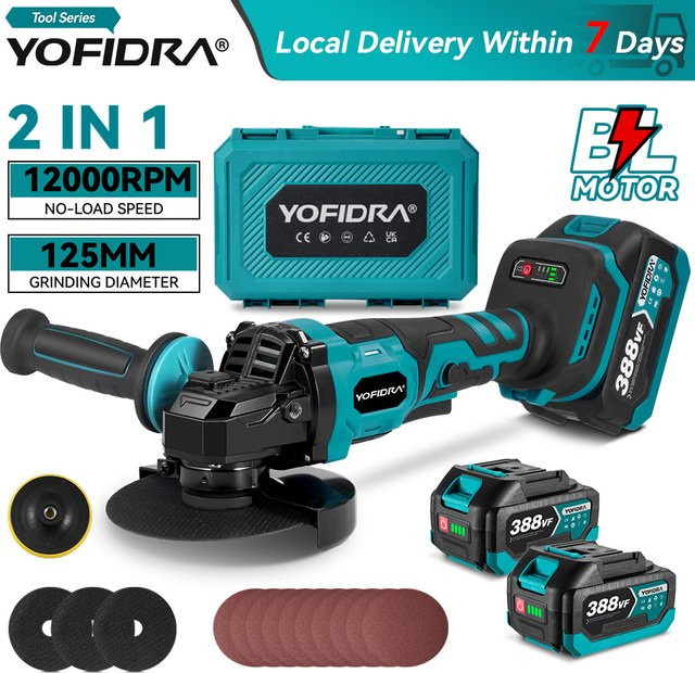 YOFIDRA 2-in-1 kabelloser bürstenloser elektrischer Winkelschleifer mit 3 Gängen und Poliermaschine, kompatibel mit Makita LXT Akku, Durchmesser: 125 mm - Bild 1
