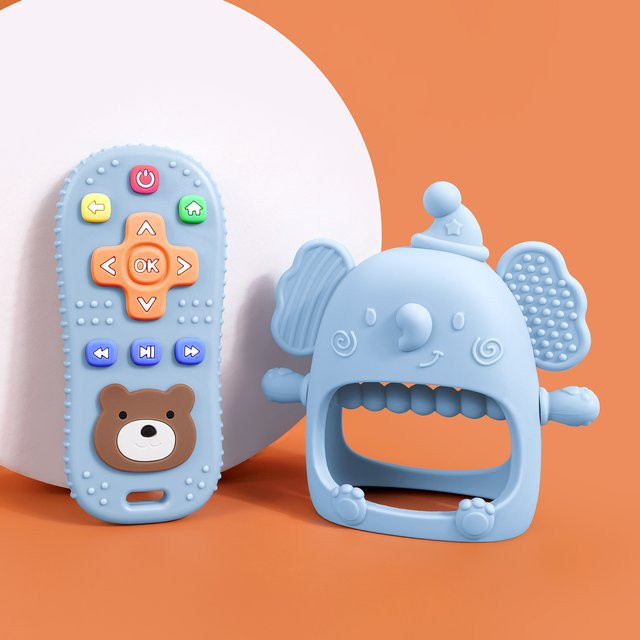 TYRY.HU 2er-Set Silikon Baby Beißring Handschuhe in Blau mit Elefanten-Design als Zahnen- und Anti-Essen-Spielzeug für Kleinkinder - Bild 1