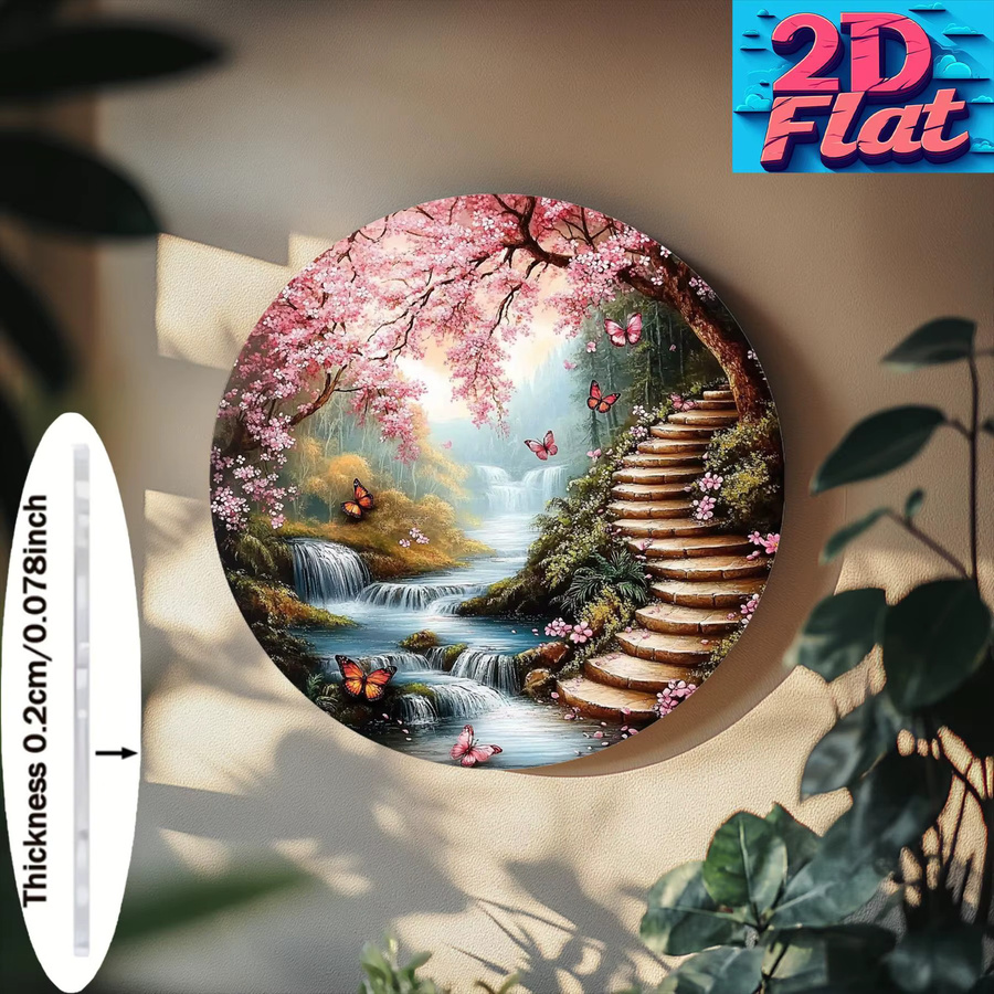 Potdemiel 2D-Retro-Aluminium-Wandkunst Rund mit Kirschblüten, Schmetterlingen und Wasserfall-Waldlandschaft in Mehrfarbig - Bild 3