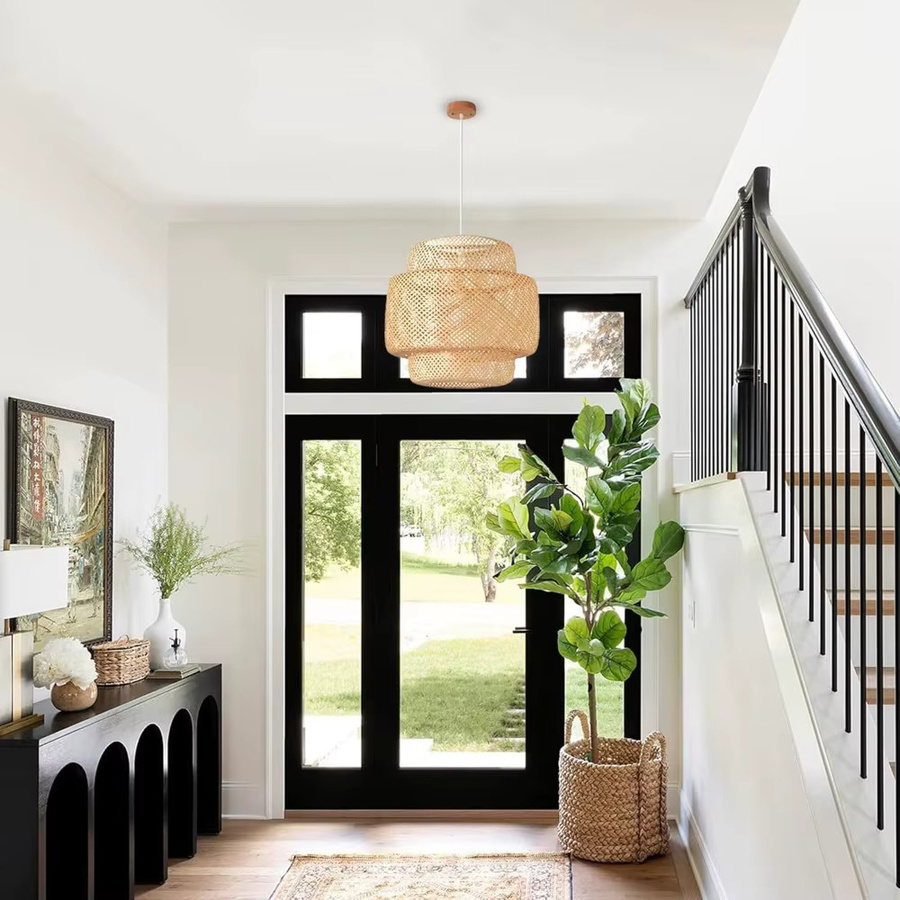 JOYINLED Bambus-Pendelleuchte aus Rattan in Beige, handgewebte Boho-Hängelampe in Zylinderform für Wohnzimmer, Esszimmer und Küche - Bild 3