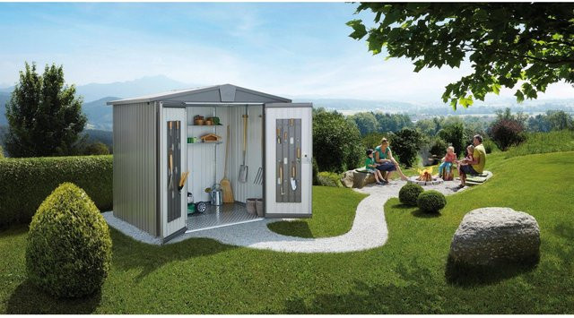 Biohort Gerätehaus Europa Gr. 3 aus Metall in Quarzgrau-Metallic mit Satteldach und Doppeltür, B/T/H: 244 x 156 x 203 cm - Bild 1
