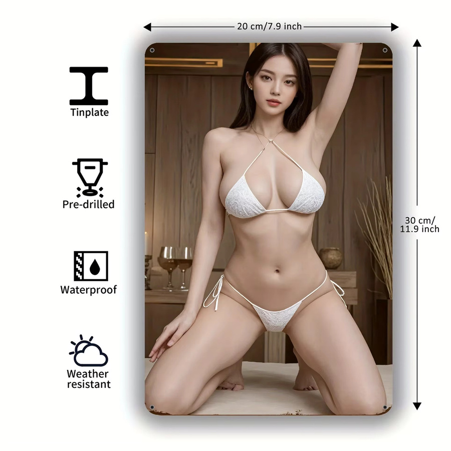 MINISO Metallwandkunst im Vintage-Stil mit weißer Dessous-Pose, rechteckig, B/H: 20 x 30 cm - Bild 1