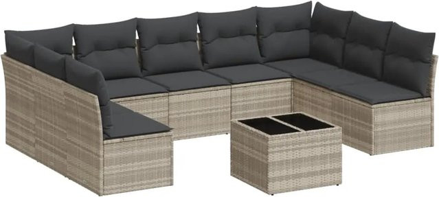 vidaXL 10-teilige Garten-Sofagarnitur aus Polyrattan mit Kissen in Hellgrau - Bild 1