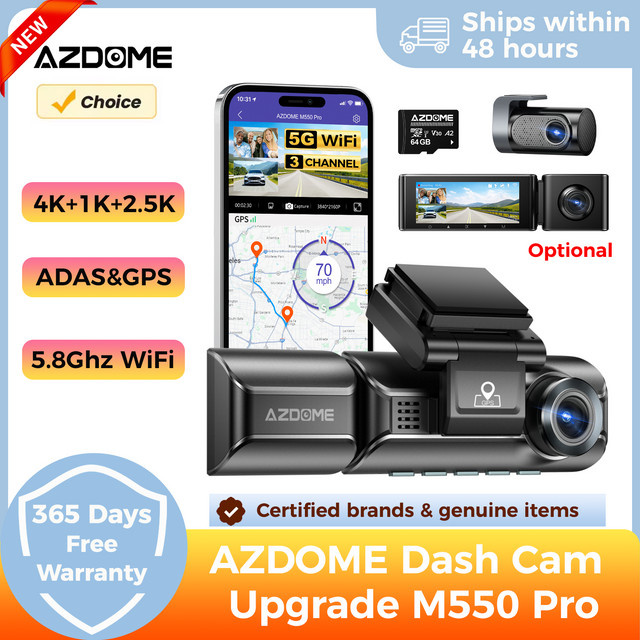 AZDOME M550 Pro Dashcam mit 5,8 GHz WLAN, GPS und 4K+2,5K Auflösung, 3,19 Zoll IPS-Bildschirm, IR-Nachtsicht und 24-Stunden-Parkmodus, Schwarz - Bild 1