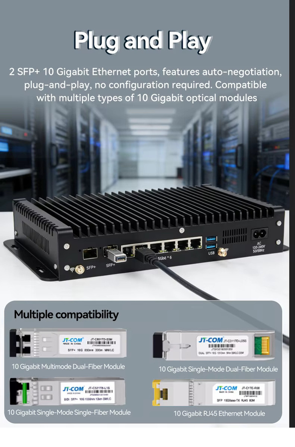 YCSD Lüfterloser Industrie-Mini-PC mit Intel i5-1235U, 6x 2,5G Ethernet, 2x 10G SFP+, 4G/5G LTE, WLAN, 2x DDR5 und M.2 SSD in Schwarz - Bild 3