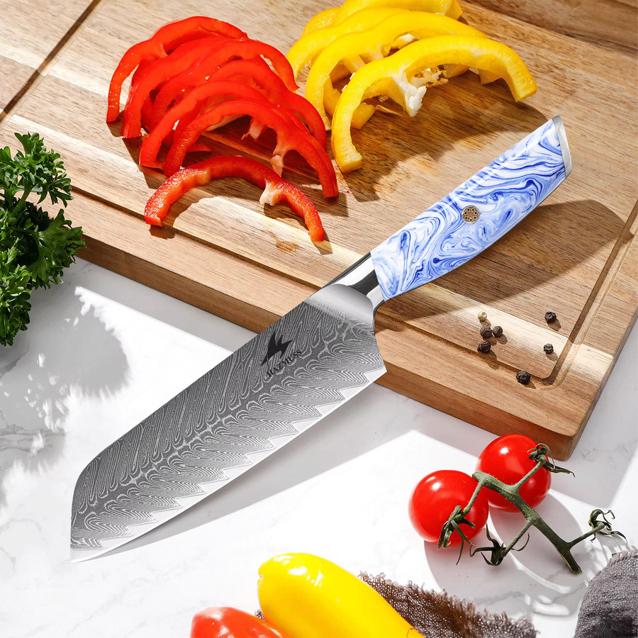 HAZMUSS Santoku Küchenmesser aus Damaszener Stahl mit VG10 Schneidkern und ergonomischem Kunststoffgriff, 7 Zoll (17,78 cm) - Bild 2