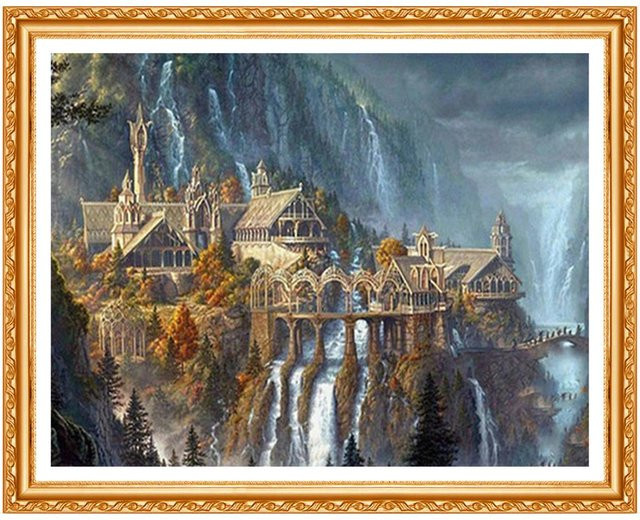 FIYO DIY Diamantmalerei Set Natur Wasserfall mit Schloss Muster in Grau und Multicolour, B x H: 30 x 20 cm - Bild 1