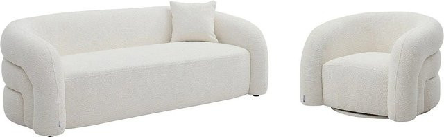 Maison Céphy Couchgarnitur Lapiota in Weiß mit 3-Sitzer-Sofa, Drehsessel und Kissen aus Bouclé-Stoff, B: 220 cm, B: 97 cm - Bild 1