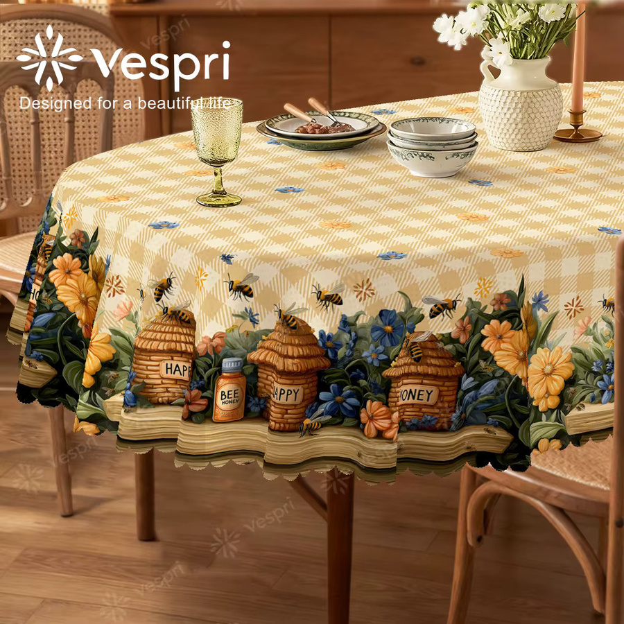 Vespri Frühlings- und Oster-Tischdecke mit Blumen- und Wabenmuster in Gelb-Weiß - Bild 2