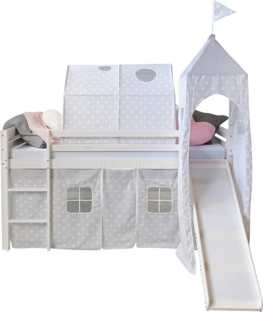 Homestyle4u Hochbett für Kinder aus Kiefernholz mit Rutsche, Tunnel, Turm und Vorhang in Weiß mit Sternen, B/T/H: 90 x 200 x 207 cm - Bild 1
