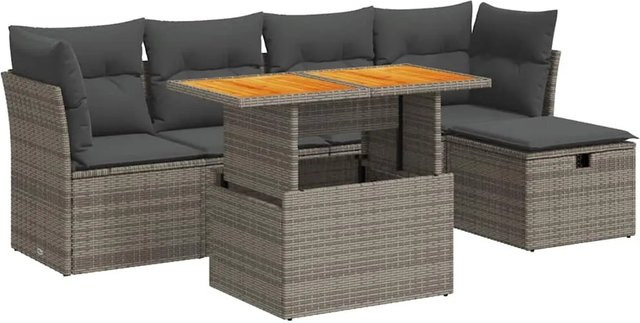 vidaXL 6-teilige Garten-Sofagarnitur in L-Form aus Polyrattan und Akazie mit Kissen in Grau und Beige - Bild 1