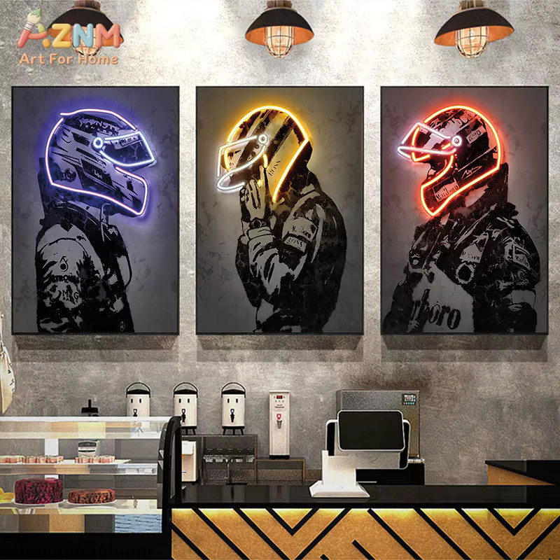 Modernes Neon-Druck Poster Hamilton Rennwagen Helm als Leinwandbild für deine Wanddekoration in Multicolour - Bild 2