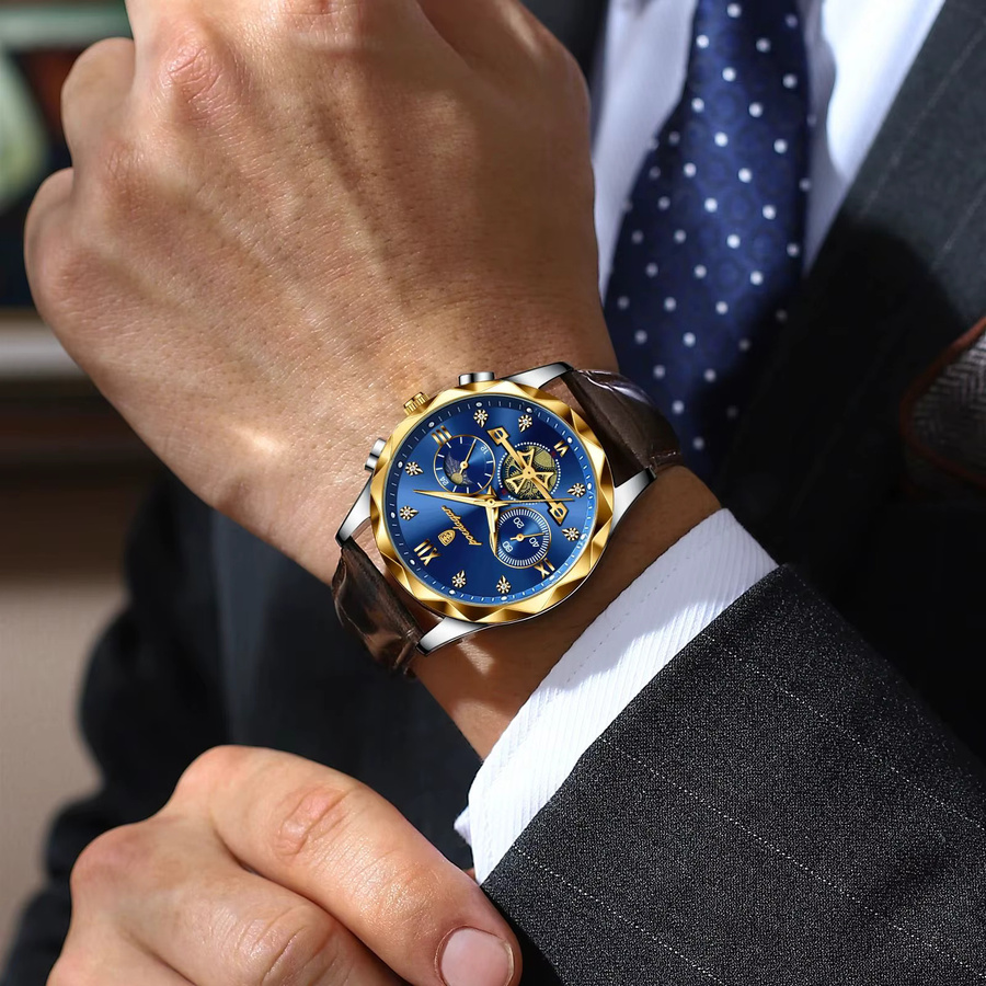 POEDAGAR Armbanduhr Chronograph, Quarz, Leder, Blau, Herren - Bild 5