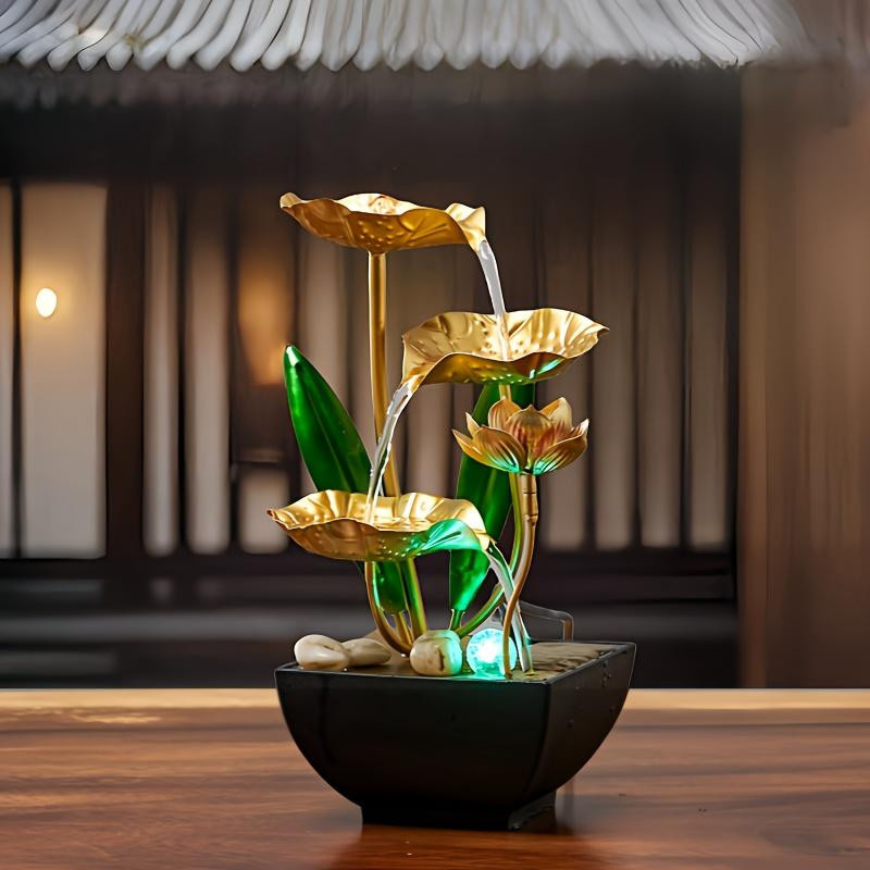 YC Direct Kleiner Zimmerbrunnen in Gold mit LED-Licht und USB-Anschluss als moderne Schreibtischdekoration - Bild 3