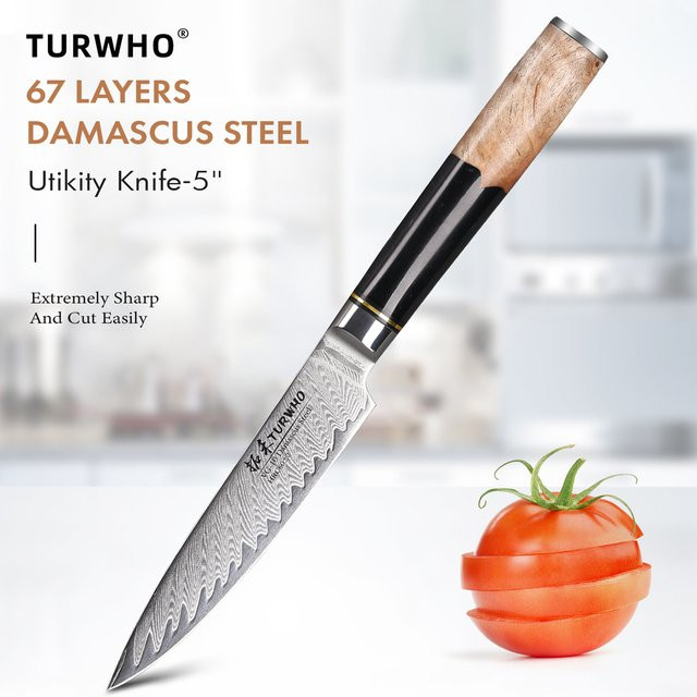 Turwho Utility Messer aus japanischem Damast Stahl mit Harzgriff in Silber - Bild 1