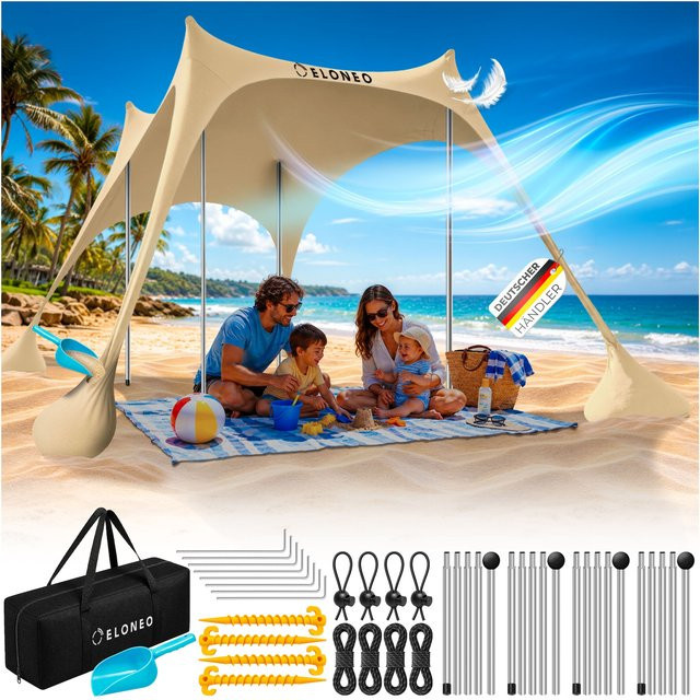 ELONEO Strandzelt Sonnensegel Creme mit LSF 50+ für 8 Personen, B/T/H: 300 x 300 x 200 cm - Bild 1