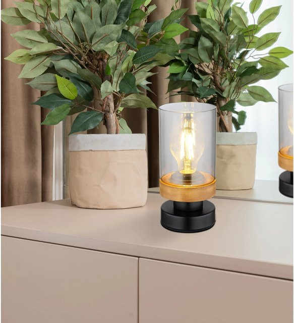 Globo Tischlampe Finca 1-flammig Schwarz matt mit transparentem Glasschirm und Holz, Höhe: 20,5 cm, Durchmesser: 10 cm - Bild 1