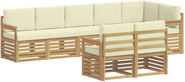 vidaXL Outdoor-Sofagarnitur 8-teilig in L-Form aus Akazienholz mit Polstern in Weiß und Beige, B/T/H: 306 x 128,5 x 73 cm - Bild 1