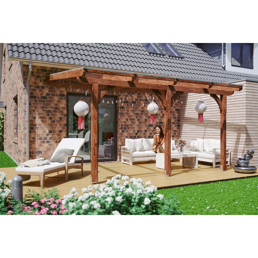 Skanholz Terrassenüberdachung Rimini aus Douglasie in Nussbaum Braun B/T/H: 434 x 250 cm mit Polycarbonat Dach - Bild 2