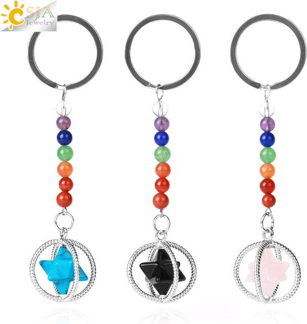 CSJA Schlüsselanhänger, Naturstein Tigerauge, 7 Chakren, Merkaba Stern, Unisex - Bild 1