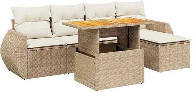 vidaXL 6-teilige Garten-Sofagarnitur aus Poly-Rattan und Akazienholz in Beige-creme mit Kissen - Bild 1