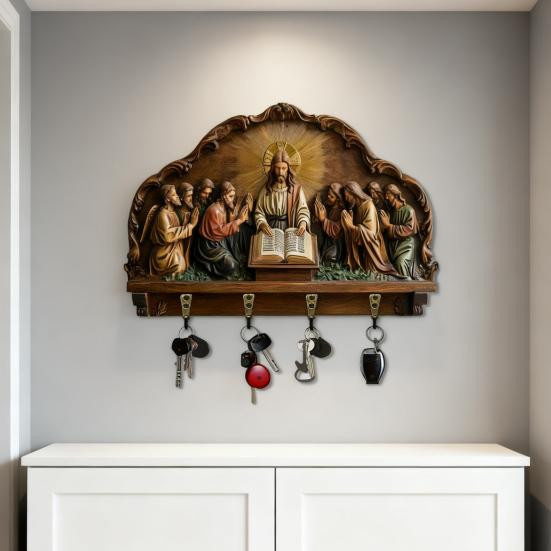 Wandmontierter Schlüsselhalter aus Kiefernholz mit Jesus-Motiv als dekorativer Schlüsselorganisator - Bild 4