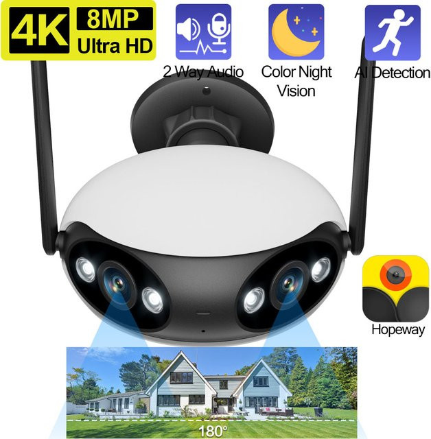 HCVAHDN 4K 8MP Dual-Objektiv WLAN IP-Kamera für Außenbereich, 180 Grad Panorama-Sicherheitsüberwachungskamera, kabellose CCTV-IP-Kamera in Weiß - Bild 1