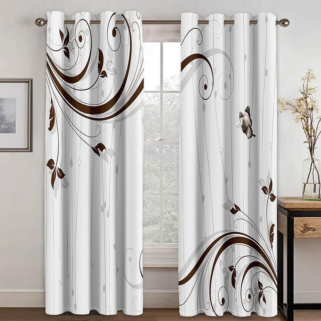 A Family Of Home Textiles Retro Fenstervorhänge mit abstraktem Kreislinien-Blumenmuster, semi-transparent, Weiß, B: 50 cm, H: 160 cm, 2er-Set mit Haken - Bild 1